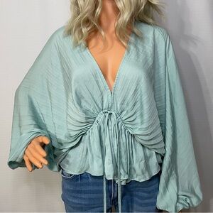 Free People Mint Green Balloon Sleeve Drawstring Top